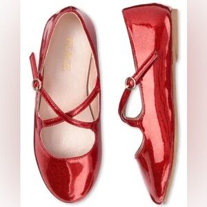 Girls Glitter Cross Strap Ballet Flats - Red